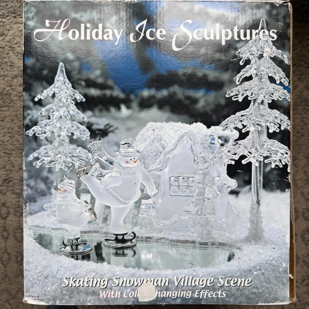 Heritage Mint Holiday Ice Sculptures Skating Snowman Village Scene C135 Light Up
